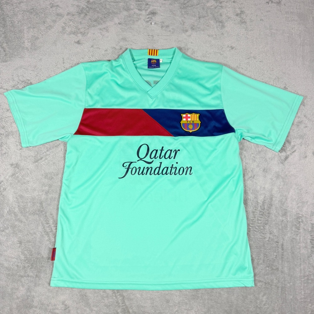 FC Barcelona Mens Large Soccer Jersey Messi 10 Mint Green Qatar Foundation